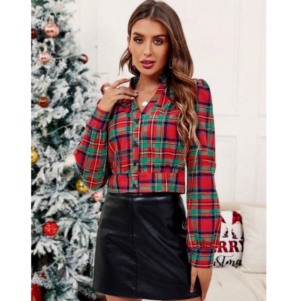 Tartan Plaid Button Front Collared Bishop Sleeve Long Sleeve Cropped Top